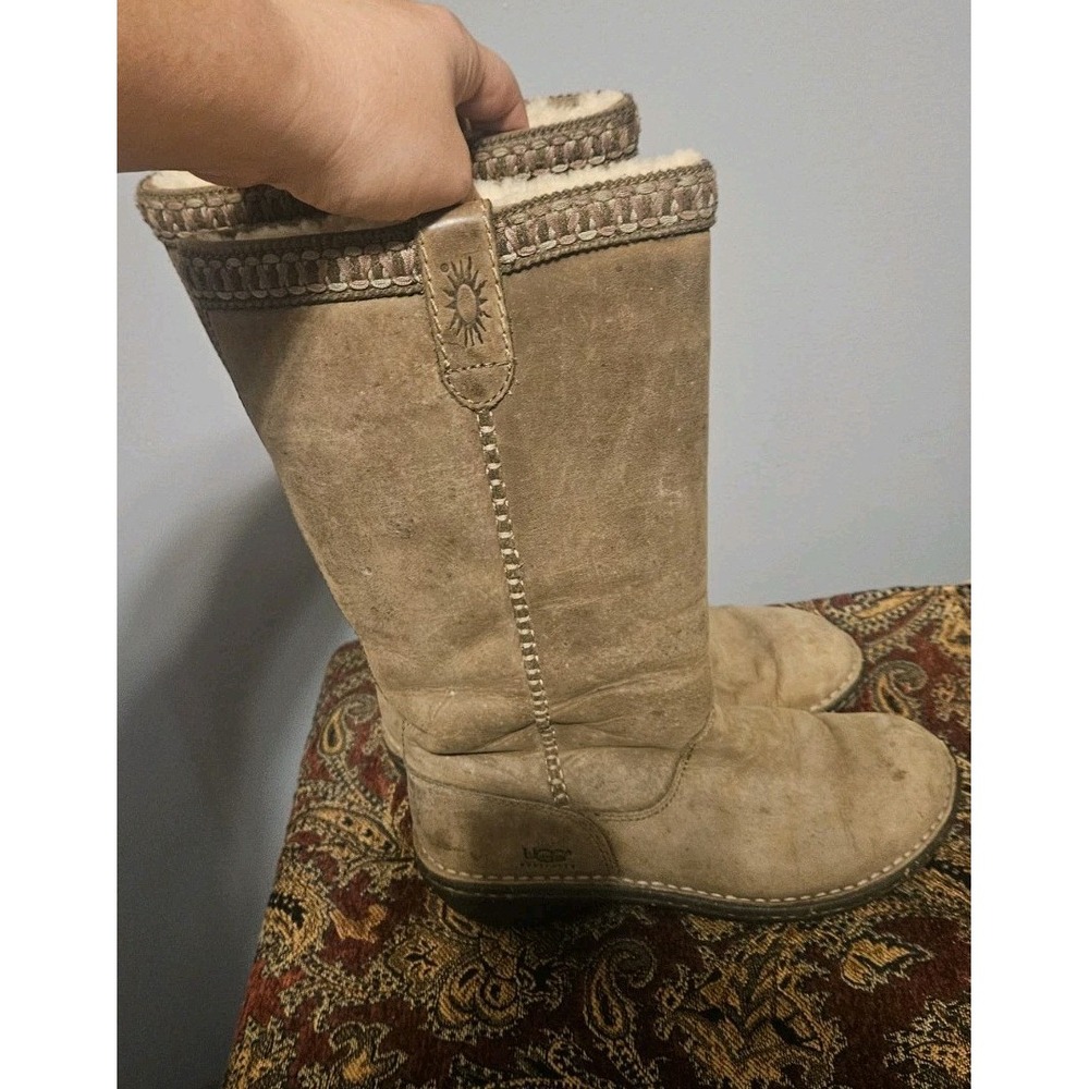 Ugg Swell Tall Boots Women Size 7 Brown Leather Shearling Lined 5139